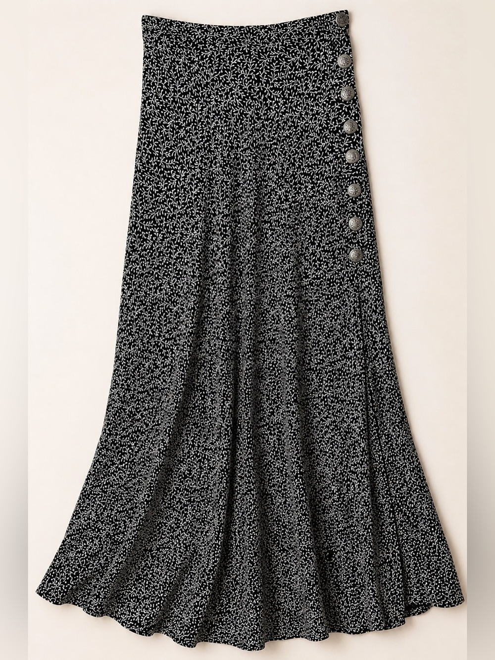 Vintage Caché Maxi Skirt Size 4 Black Ivory Floral Silver Buttons Rayon 90s Y2K